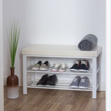 Relaxdays Schuhbank, 6-8 Paar Schuhe, Schuhregal zum Sitzen, Kunstleder-Polster, HxBxT: 49 x 81 x 31 cm, 2 Etagen, weiß