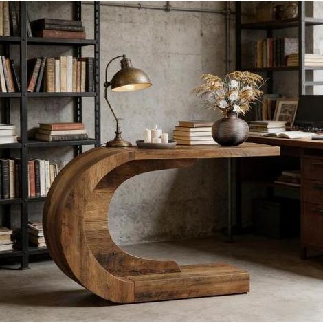 Tavolo consolle a C 110 x 35 x 75 cm in legno ingegnerizzato marrone rustico OKWISH (1/5)