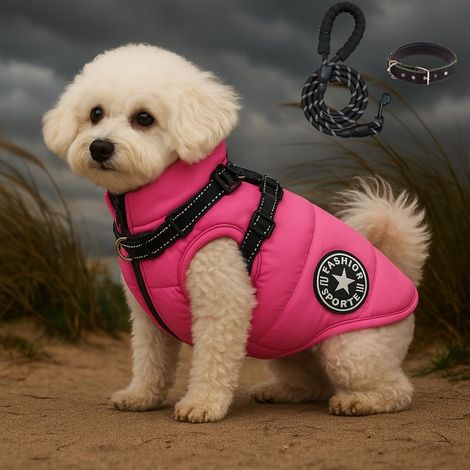 Manteau hiver chien 3 en 1 imperméable avec harnais intégré (rose, taille moyenne) (1/5)