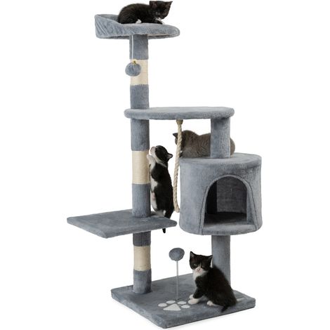 lionto Kratzbaum für Katzen 112 cm hoch, mit Höhle, Sisalseil, Plüschbällen & Wandhalterung, kompakter Kletterbaum, hellgrau