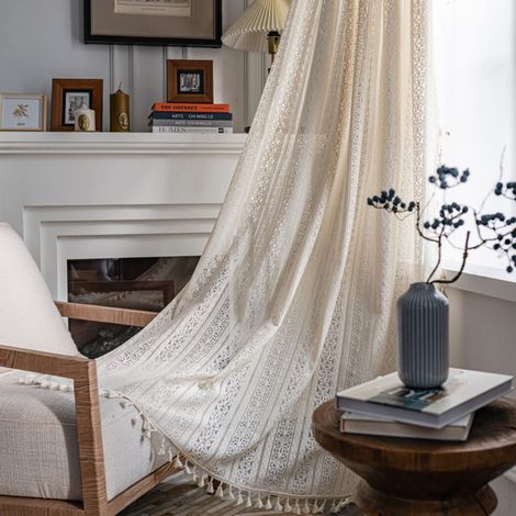 Vintage Style Rideau Boho Bohème Rideaux Beige Semi-Transparent avec Gland 2 pièce Rideaux Extérieur Coton pour Salon Chambre Rideaux Moderne 150x160 cm (1/5)