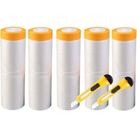 5 rouleaux de ruban de masquage 55 cm 20 M ruban de protection en toile avec bâche en plastique ruban de masquage imperméable film de protection pour meubles + 2 couteaux utilitaires (1/5)