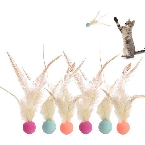 Lot de 6 balles rebondissantes pour chat, avec plumes, de 2,5 cm de diamètre. Jouet interactif pour chatons et chats adultes, idéal pour l'entraînement à la capture. Couleurs : orange, bleu, violet.   (1/5)