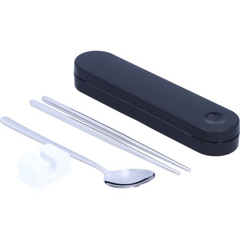 Ensemble de couverts en métal noir portable - Cuillère et baguettes en acier inoxydable pour maison, bureau, extérieur