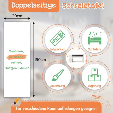 Hochbett 90x200 cm aus Holz und MDF, Weiß, mit Tafel und Stauraumtreppe – MEUBLIV (1/5)