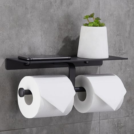 CCYKXA Toilet Paper Holder No Drilling Toilet Roll Holder with Mobile Phone Shelf Wall Mount Double Holder for Bathroom (Black) (1/5)