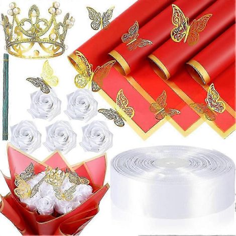 74 idées de bouquets de roses artificielles à faire soi-même, avec ruban décoratif, ruban de satin de 2,5 à 30 cm à bordure dorée et papier cadeau rouge et blanc. (1/5)