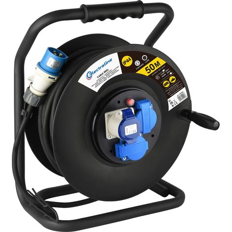 Electraline 49058 Prolunga in Gomma 3G1.5 mm² con Avvolgicavo, 2 Prese Industriali IEC e 1 Schuko Spina a 3 Poli Adatto per Camper, Campeggio, Caravan, Barca, Cantiere, Nero, 50 m (1/3)