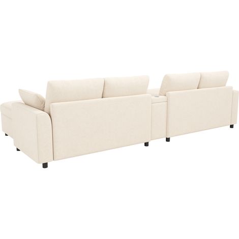Canapé d'angle modulaire 6 places en chenille beige avec consoles, ottomans de rangement et ports USB/Type-C (1/5)