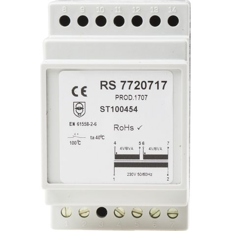 Transformateur rail DIN, Vin 230V c.a., Vout 4V c.a., 16VA, 2 sorties ( Prix pour 1 )