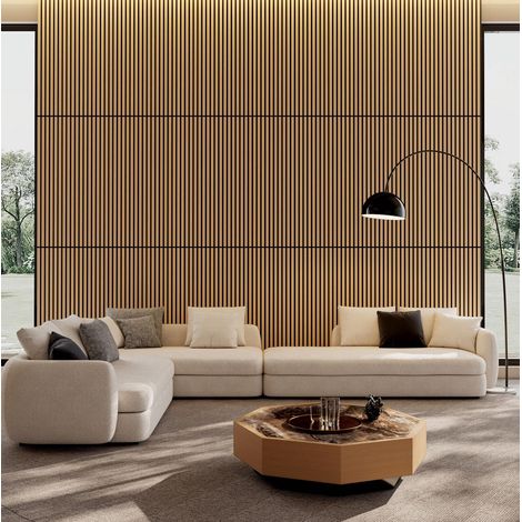 Lot de 4 panneaux muraux acoustiques 3D en MDF et tissu, finition bois clair, 120 x 60 cm, pour mur et plafond, réduction du bruit intérieur FLORAGRACE (1/5)
