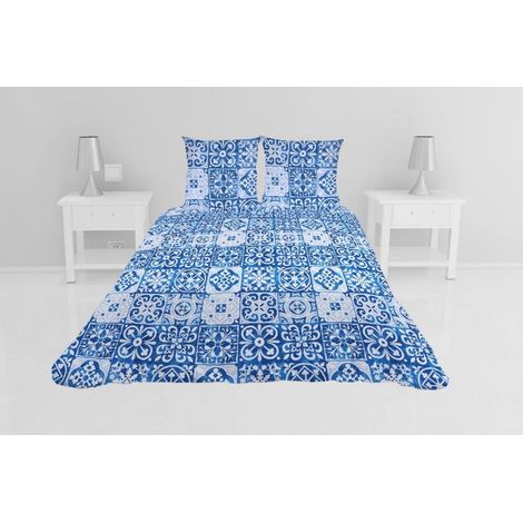 Couvre lit microfibre + taies 220 x 240 cm Persan bleu (1/2)
