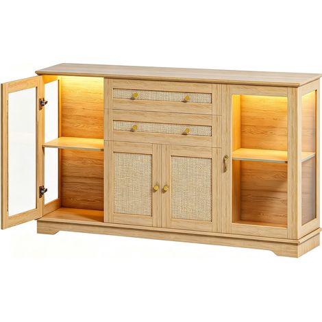 Buffet bas de cuisine,avec 2 portes vitrées,2 portes bois,2 tiroirs, 140x86x40cm,éclairage led,pour cuisine, salle à manger, naturel (1/5)
