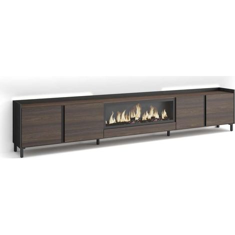 Mueble TV Algatocín-02 de 315x61x35 cm con chimenea y luces LED, diseño industrial, color roble oscuro y negro (1/4)