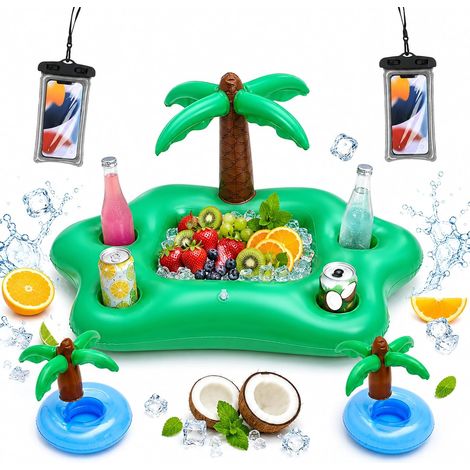 Bar Flottant pour Piscine 5 Pièces Palmier et Porte Gobelets Grande glacière flottante avec palmier de 90 cm 2 porte-gobelets et 2 pochettes téléphone étanches en PVC piscine et plage (1/5)