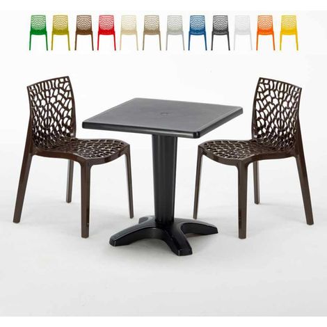 Table Carrée Noire 70x70cm Avec 2 Chaises Colorées Grand Soleil Set Bar Café Gruvyer Aia - Marron