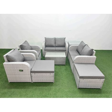 Fimous 8 Seater Outdoor Reclining Chair Love Sofa Set Rattan Garden Furniture Set with Rectangular Coffee Table 2 Big FootStools Side Table Light Grey (1/4)