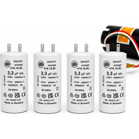 Condensateurs pour réparation de moteur de volet roulant SOMFY, SIMU - Condensateur cylindriques à 2 cosses Faston 2,8 - spécial remplacement - pour moteur de volet. - 3,3 uF - Lot de 4