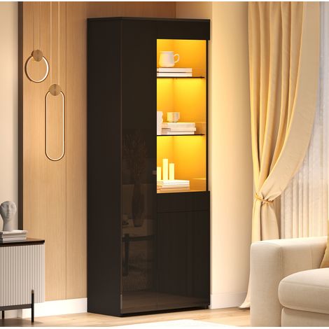 Hohe Vitrine 70 x 35 x 180 cm mit LED, 1 Schublade, 2 Türen, schwarz OKMYHOME (1/5)