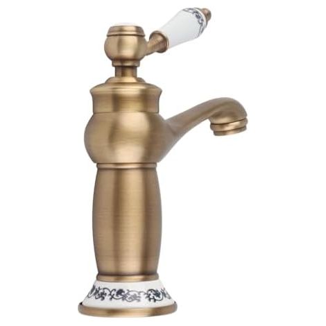 Mitigeur laiton vintage porcelaine bleu blanc – Robinet évier rétro eau chaude froide – Polyvalent cuisine salle de bains-Doré