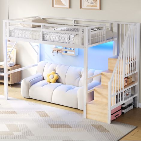 Cama alta 90x200 cm blanca de metal y MDF con LED y escalera con almacenaje (1/5)