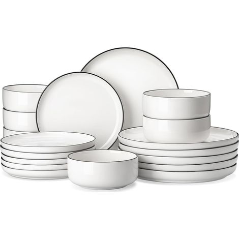 Série LUNA Service de Vaisselle Rond 18 Pièces en Porcelaine pour 6 Personnes avec Assiettes Plates, Assiettes à Dessert, Bols à Céréales, Service de Table Blanche avec Bord Noir (1/5)