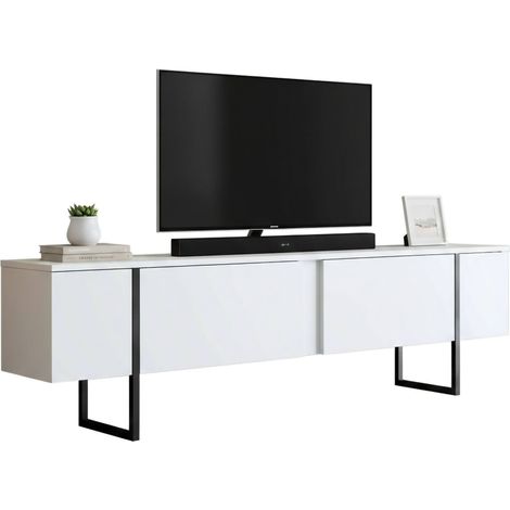 Dmora - Fernsehschrank Centaurus, Ständer für Wohnzimmerfernseher, Niedriges Wohnzimmer-Sideboard, TV-Ständerbasis, 180x30h50 cm, Weiß und Schwarz, mit verstärkter Verpackung