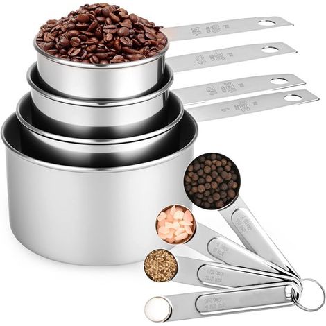 Set di misurini: set da 8 pezzi in acciaio inox composto da misurini e cucchiai dosatori per ingredienti secchi e liquidi. Utensili da cucina per cucinare. (1/5)