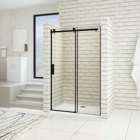 Aica Sanitaire – Porte de douche coulissante noire 100x200cm – Verre 8mm anticalcaire – Profilé aluminium noir mat – Installation en niche (1/4)