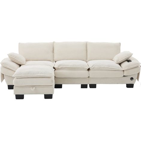 Canapé modulaire 3 places en velours côtelé beige avec pouf, design ergonomique et port USB-C (1/5)