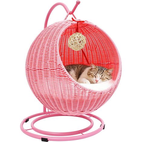 Balançoire pour chat avec arbre à chat et coussin rafraîchissant - Panier suspendu en rotin synthétique - Lit à bascule avec jouets pour l'intérieur - Grotte douillette comme meuble pour chat (1/5)