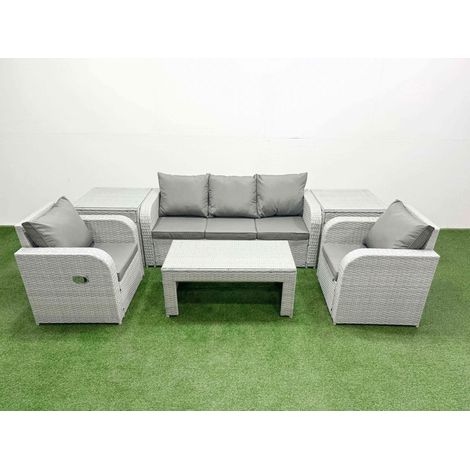 Fimous PE Rattan Garden Furniture Set Reclining Chair Sofa Lounge Sofa Set Rectangular Coffee Table 2 Side Table Light Grey (1/4)