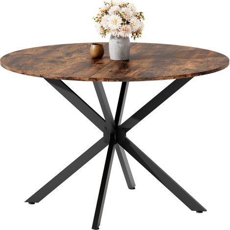 Table à manger ronde style industriel Ø120 cm, plateau marron vintage, pieds en X acier noir réglables, pour 4 à 6 personnes, cuisine salon bureau
