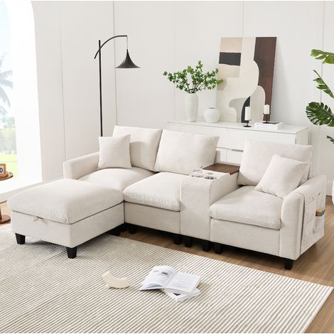 Canapé d’angle L 229x149,5x83 cm en velours côtelé beige avec console, pour petit salon – MEUBLIV (1/5)