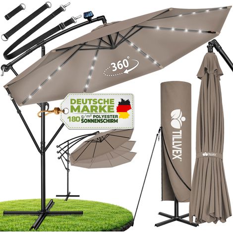 tillvex Alu Ampelschirm Cappuccino LED Solar Ø 300 cm mit Kurbel Sonnenschirm mit An-/Ausschalter Gartenschirm UV-Schutz Aluminium Kurbelschirm mit Ständer Marktschirm wasserdicht
