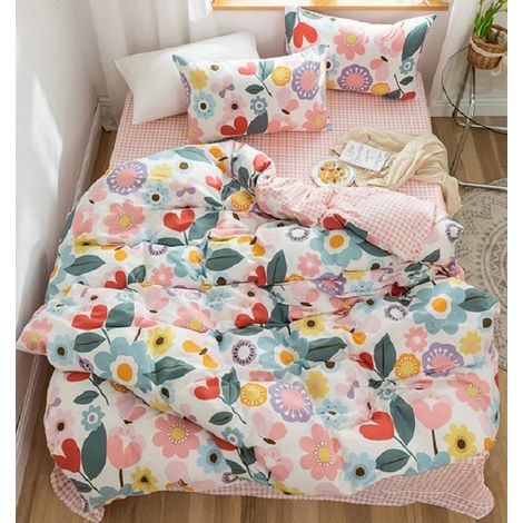 Parure de lit réversible 2 pièces pour fille, adolescente, rose, housse de couette 135 x 200 cm + 80 x 80 cm en coton naturel (1/5)