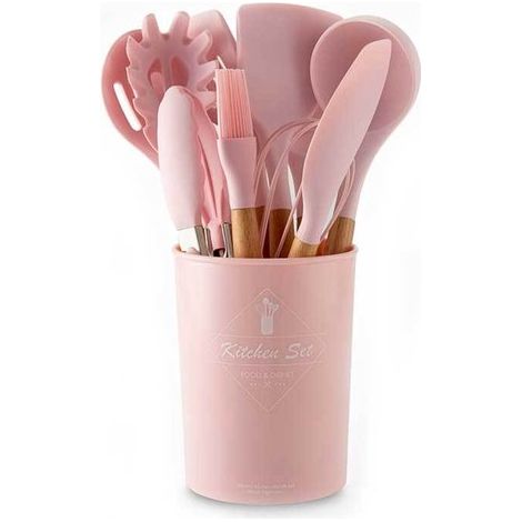 Ensemble de cuisine 12 pièces - Avec tiroir de rangement - Ustensiles de cuisine - Silicone - Rose (1/5)