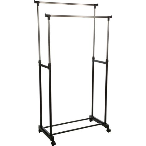 Portant à vêtements double extensible sur roulettes – Structure en inox et PVC – Dimensions L. 84 x l. 42 x H. 96,5/170 cm – Poids 2,59 kg – Id Space (1/4)