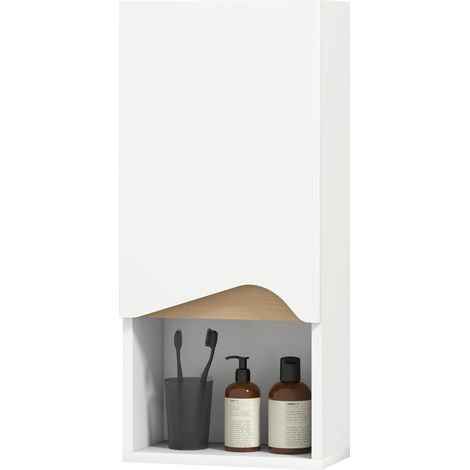 Armoire de salle de bain murale avec porte à fermeture amortie et compartiment ouvert, 30 x 17 x 67 cm, blanche (1/5)
