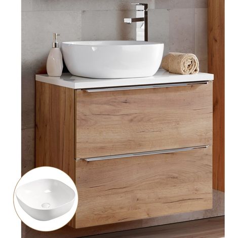 Waschtisch-Unterschrank 60cm mit Keramikbecken TOSKANA-56 in Wotaneiche in Weiß Hochglanz, B/H/T ca. 61/74,5/46 cm