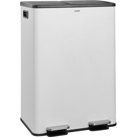 CASABEL Poubelle 60L Blanche, Double Compartiment, Couvercles