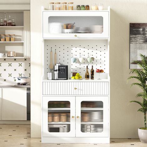 Armoire haute avec étagères réglables et tiroirs — Un meuble de rangement de cuisine doté d'un éclairage LED et de verre cannelé  un choix idéal pour la salle à manger, le salon ou la cuisine (Blanc) (1/4)