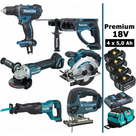 Pack 6 machines 18V 5Ah (Perceuse DDF482 + Meuleuse DGA504 + Perfo DHR202 + DJR186 + DJV180 + DSS610 + 4 batt + sac) MAKITA (1/4)