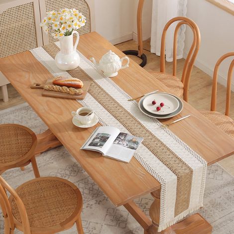 Chemin de Table en Polyester 30x210cm Tissu imitation lin Style vintage village jardin beige (1/5)