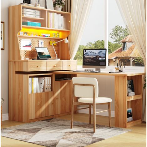 Hochschrank mit Schreibtisch 137x74x177.7 cm, LED per App, verstellbare Böden, MDF und Glas, Natur (1/5)