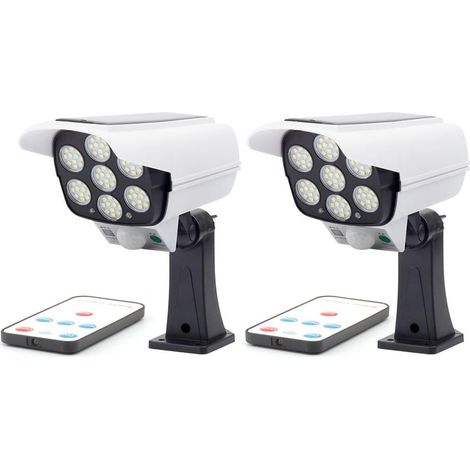 Lot de 2 lampes solaires à 77 LED avec détecteur de mouvement et fausse caméra, pour jardin extérieur, étanches et télécommandées. (1/5)