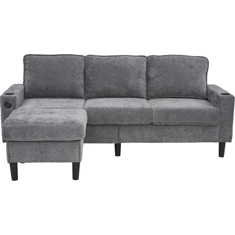 Sofá cama en L de 3 plazas con USB y USB-C, lino gris, 202 x 137 x 80 cm (1/5)