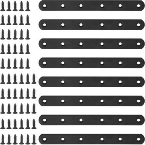 Ein Set aus 8 flachen, geraden, 200 mm langen schwarzen Metall-Montagewinkeln mit 55 Schrauben für Holzmöbel (200 x 20 x 3 mm). – Crezuo