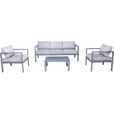 Set Salotto da Giardino Divano 2 Poltrone e Tavolino con Cuscini in Alluminio Taupe