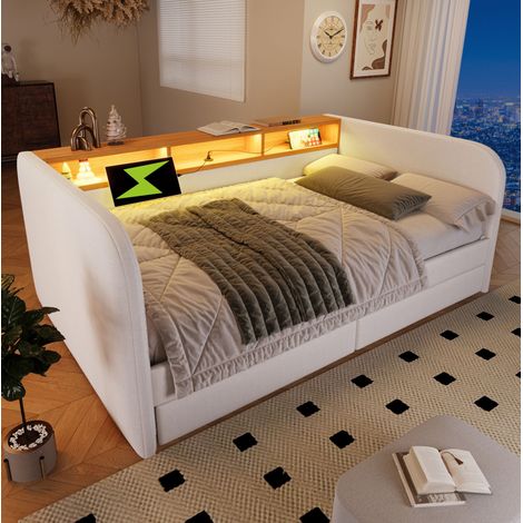 cama cama doble con almacenaje LED USB beige OKMYHOME (1/5)